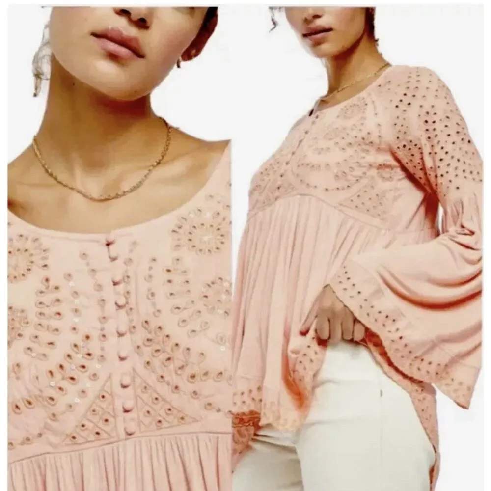 Free People Sea Of Love Tunic Top Peach Eyelet Bell Sleeve Blouse Boho Sequin Lg